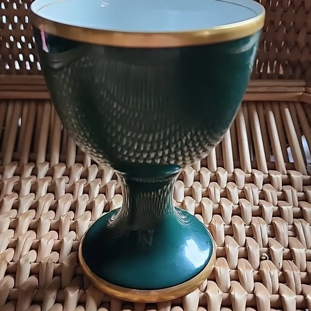 Vintage 1978 Fitz & Floyd Renaissance Dark Green & Gold Tone Trim Goblet Cup